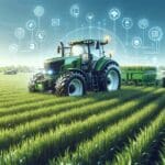 Tractor autónomo en un campo verde rodeado de sensores y tecnología agrícola bajo cielo despejado.