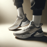 Detalle de zapatillas deportivas sobre fondo neutro con luz lateral, estilo editorial moderno.