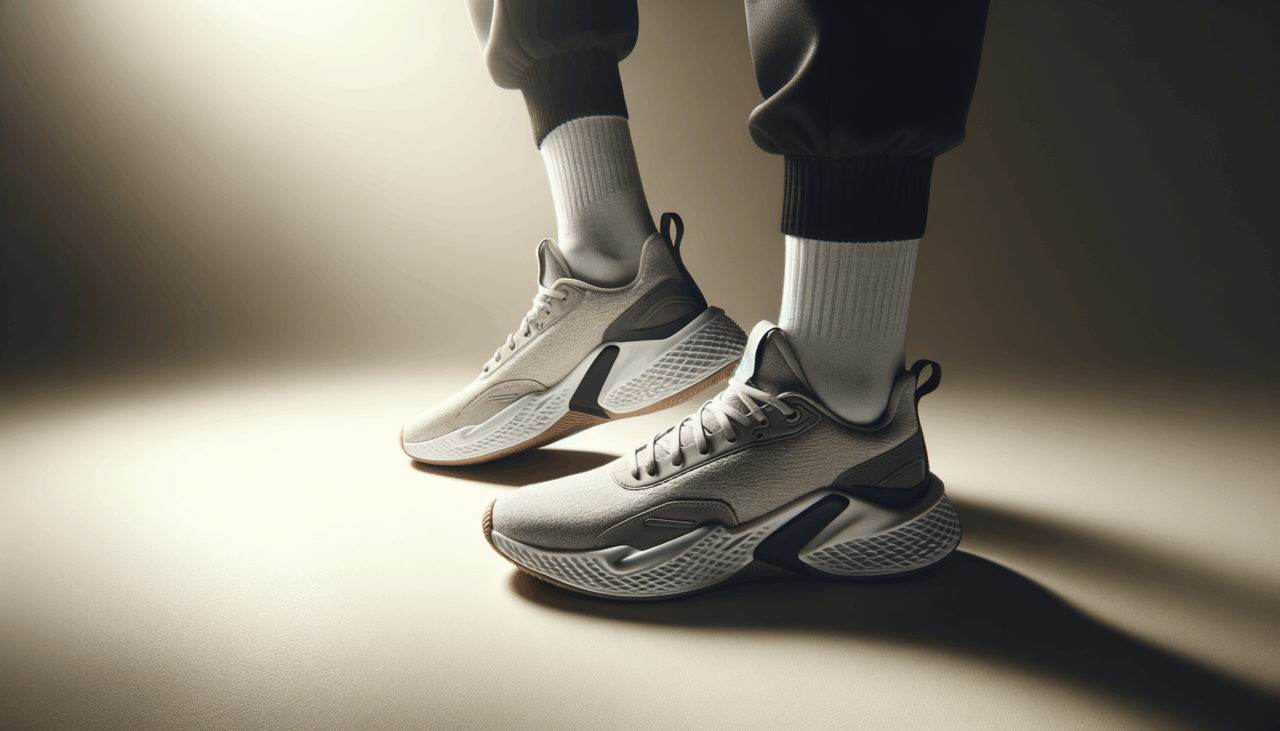 Detalle de zapatillas deportivas sobre fondo neutro con luz lateral, estilo editorial moderno.