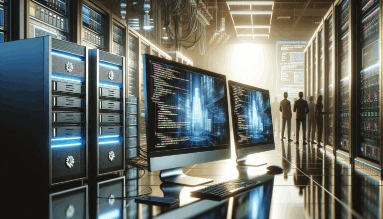 Primer plano de servidores y pantallas con código en un entorno tecnológico moderno.