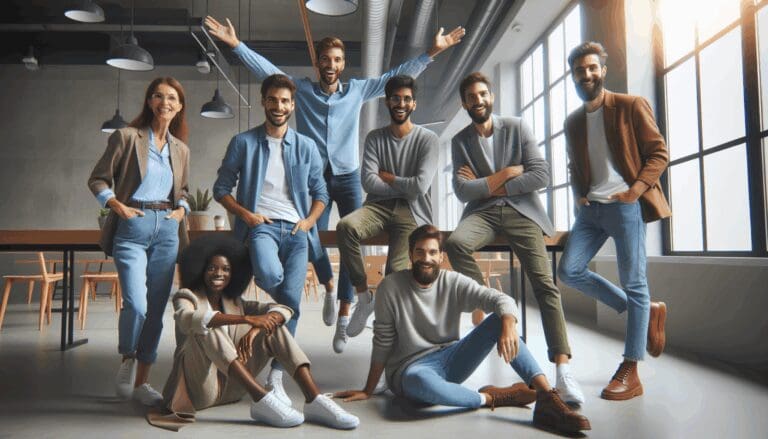 Grupo de emprendedores celebrando en un ambiente moderno de coworking con luz natural.