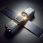 Primer plano de un pequeño satélite sobre fondo oscuro, resaltando tecnología espacial de última generación.