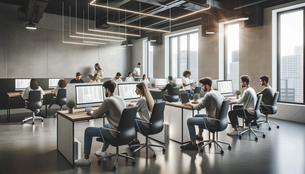 Sala de coworking con jóvenes emprendedores trabajando en computadoras, ambiente tecnológico y moderno.