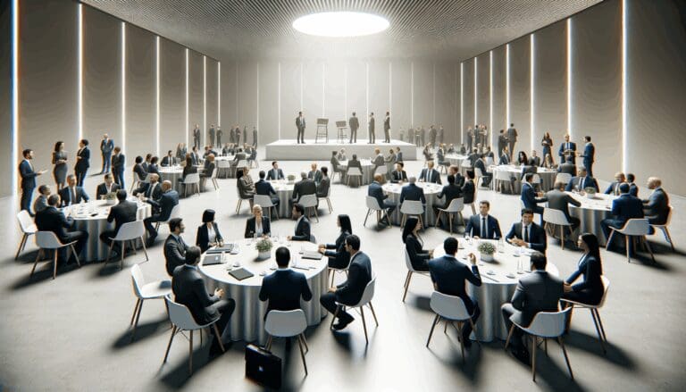 Salón de eventos moderno con emprendedores y líderes empresariales conversando en mesas redondas.