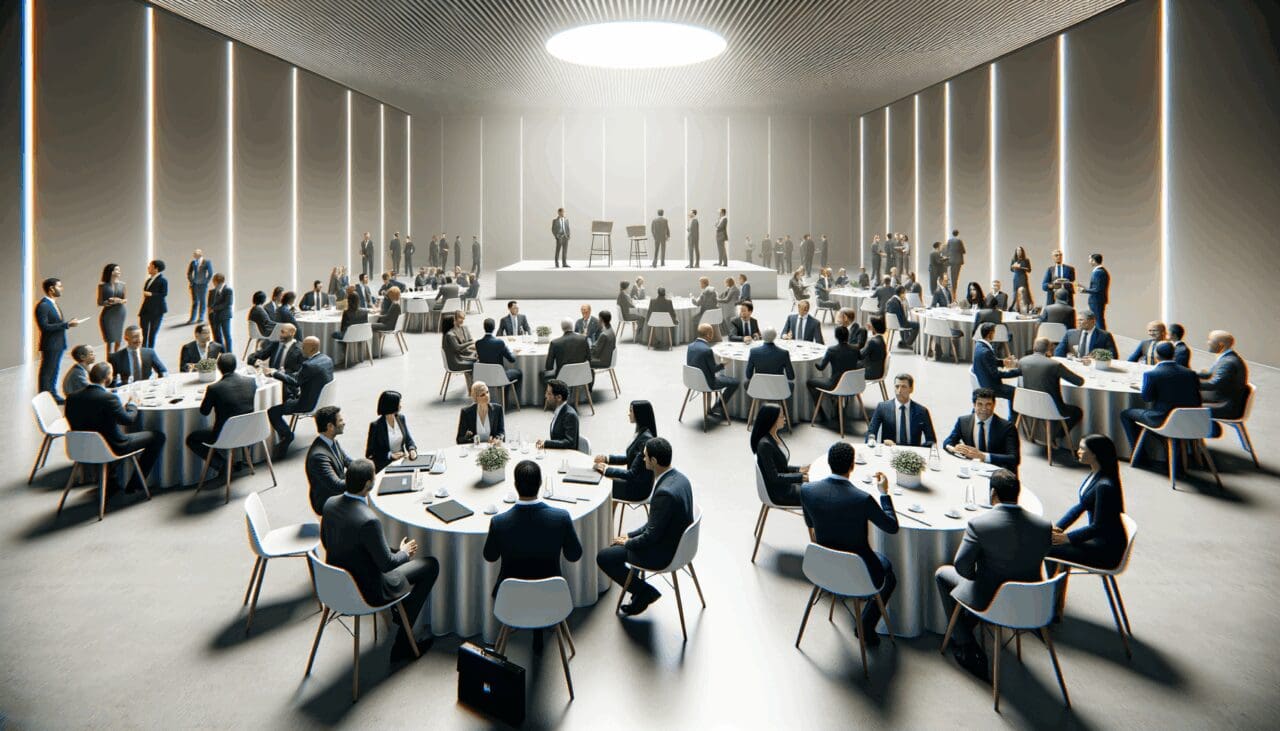 Salón de eventos moderno con emprendedores y líderes empresariales conversando en mesas redondas.
