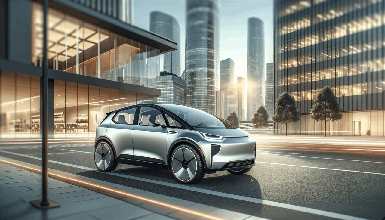 Primer plano de un vehículo eléctrico conceptual estacionado en una calle moderna, fondos de ciudad desenfocados y ambiente tecnológico.