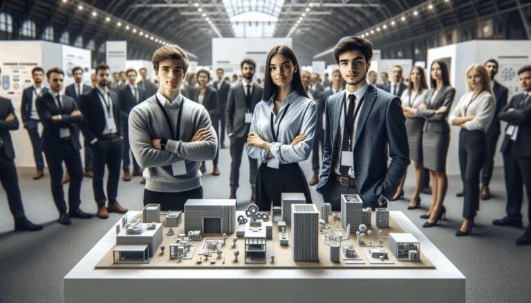 Tres emprendedores jóvenes presentan prototipos tecnológicos en una feria interior moderna, público atento en el fondo.
