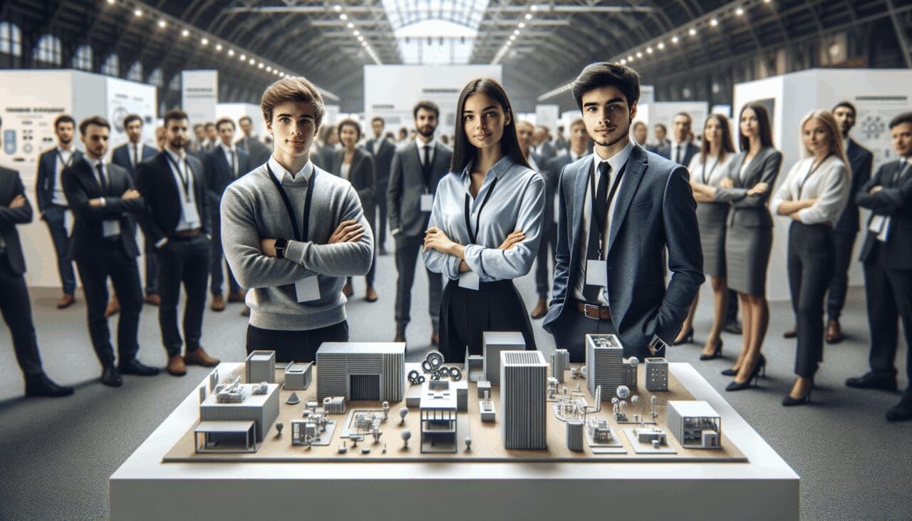 Tres emprendedores jóvenes presentan prototipos tecnológicos en una feria interior moderna, público atento en el fondo.