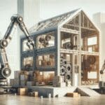 Robot industrial de gran escala construyendo una vivienda con materiales reciclados en un entorno urbano moderno.