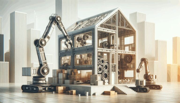 Robot industrial de gran escala construyendo una vivienda con materiales reciclados en un entorno urbano moderno.