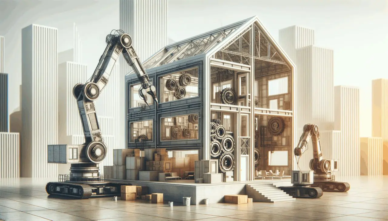 Robot industrial de gran escala construyendo una vivienda con materiales reciclados en un entorno urbano moderno.