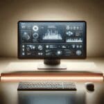 Teclado y monitor encendidos en entorno minimalista, pantalla mostrando interfaz tecnológica moderna.
