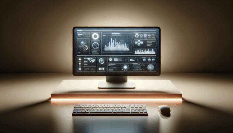 Teclado y monitor encendidos en entorno minimalista, pantalla mostrando interfaz tecnológica moderna.