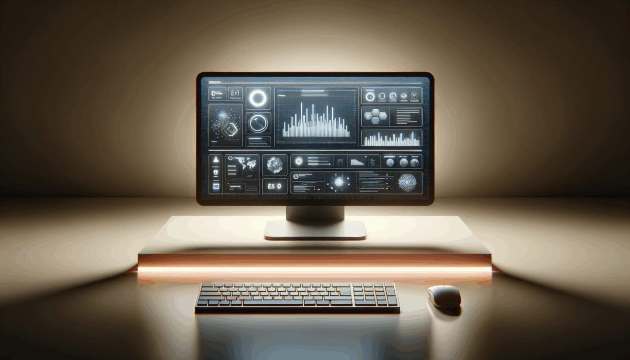 Teclado y monitor encendidos en entorno minimalista, pantalla mostrando interfaz tecnológica moderna.