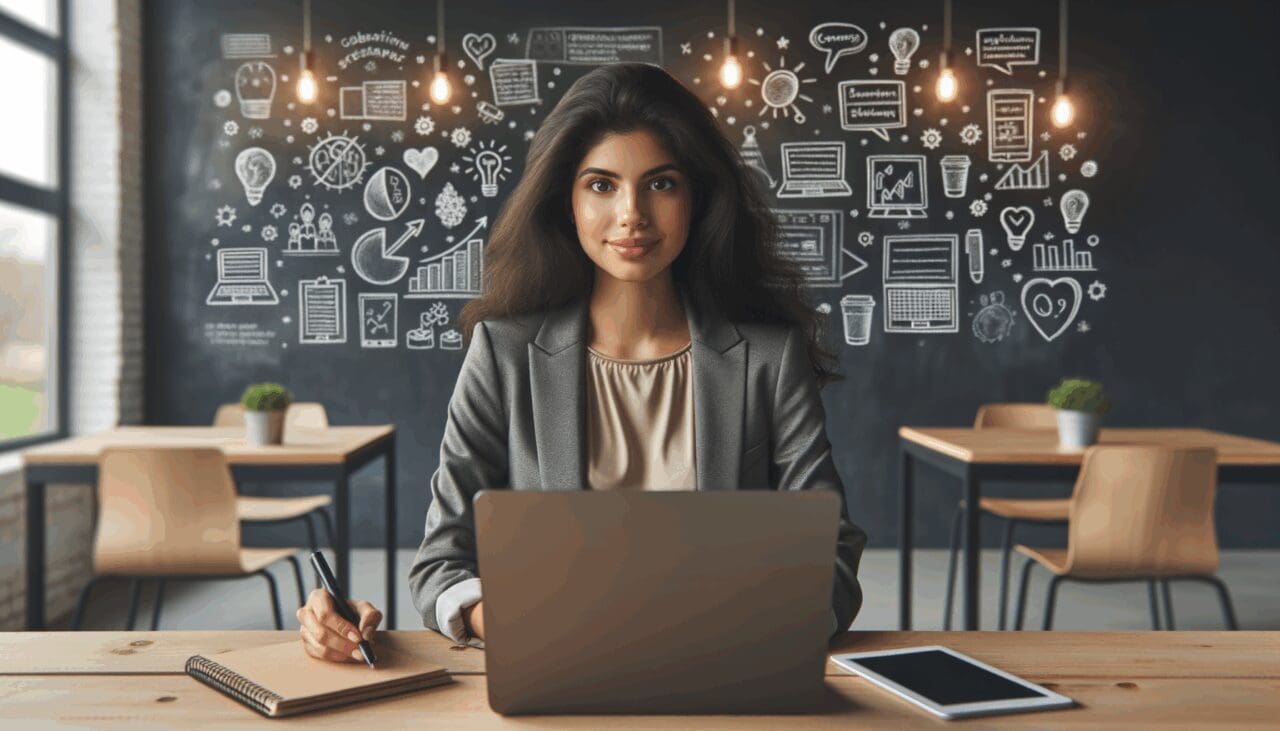 Emprendedora joven en una oficina moderna usando una laptop rodeada de pizarras con ideas de startups.