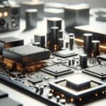 Primer plano de placas de circuito y chips sobre una mesa de trabajo en ambiente de oficina tecnológica.