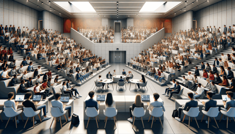Auditorio universitario moderno con jóvenes participando en una competencia de startups en Latinoamérica.