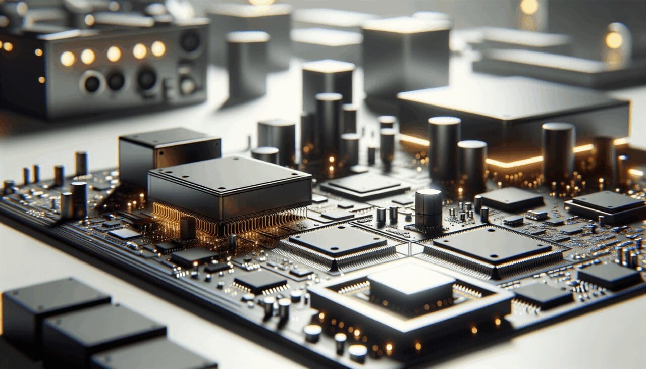 Primer plano de placas de circuito y chips sobre una mesa de trabajo en ambiente de oficina tecnológica.