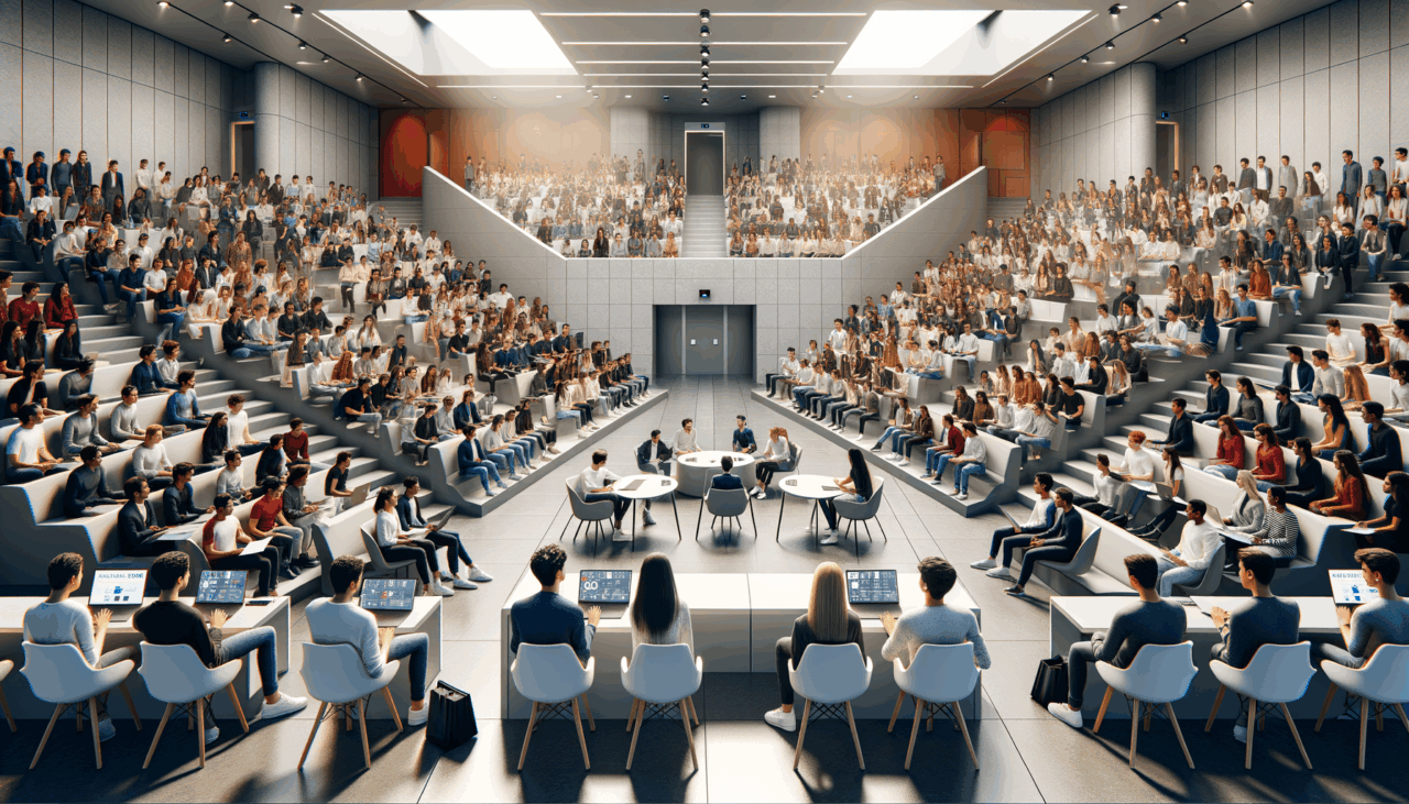 Auditorio universitario moderno con jóvenes participando en una competencia de startups en Latinoamérica.