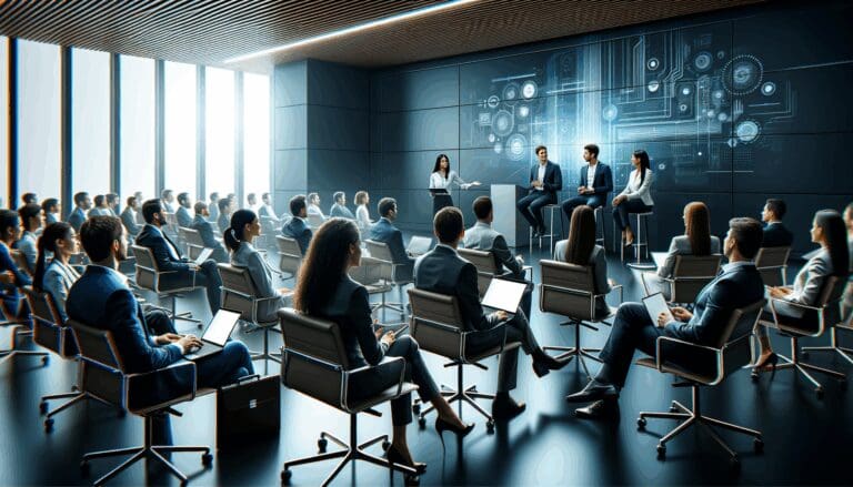 Empresarios y emprendedores conversan en un moderno auditorio, laptops y pantallas tecnológicas en el fondo.