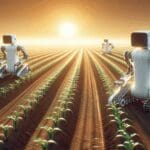 Robots agrícolas avanzados trabajando en campos de cultivo bajo cielo abierto, tonos cálidos.