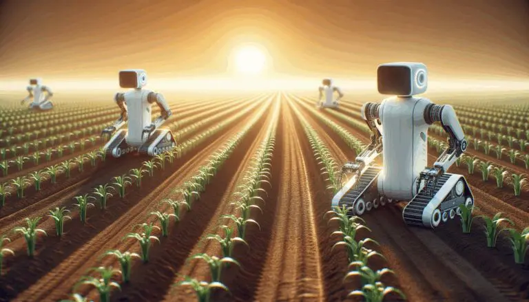 Robots agrícolas avanzados trabajando en campos de cultivo bajo cielo abierto, tonos cálidos.
