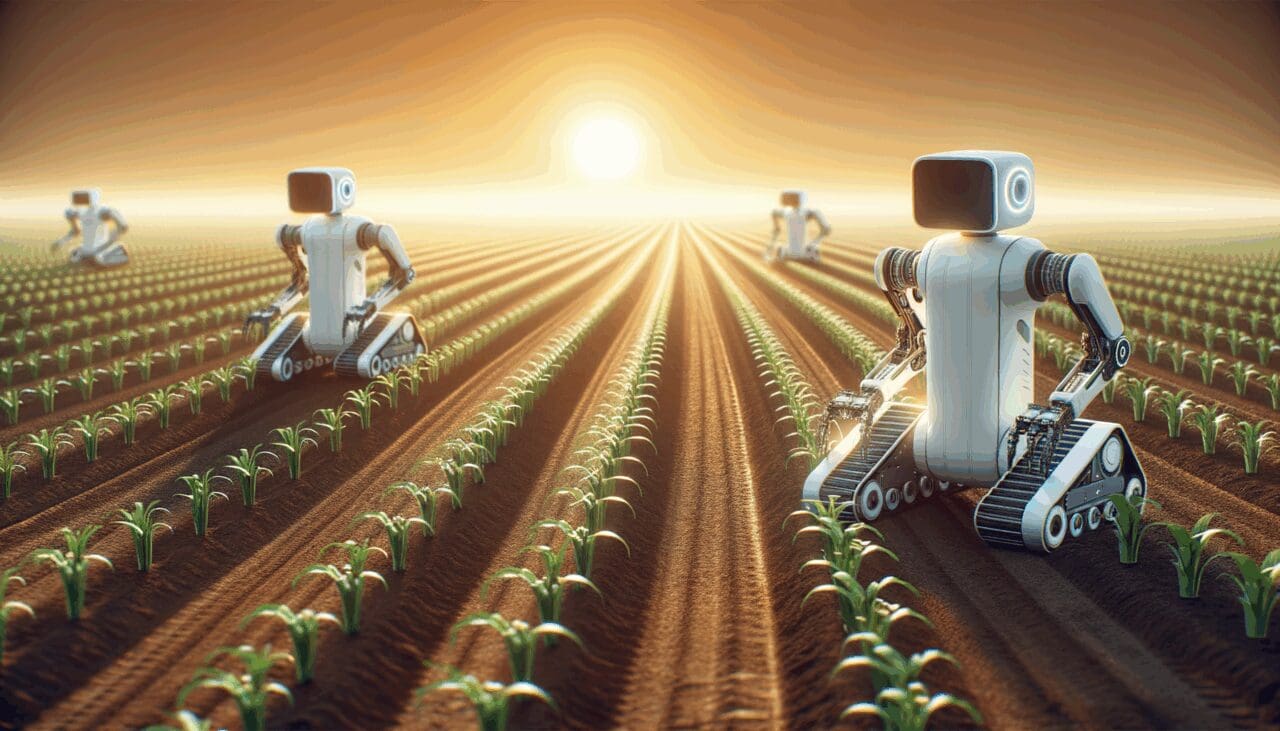 Robots agrícolas avanzados trabajando en campos de cultivo bajo cielo abierto, tonos cálidos.