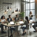 Oficina de trabajo moderna con jóvenes emprendedores alrededor de una mesa de reuniones, laptops abiertas y ambiente de startup.