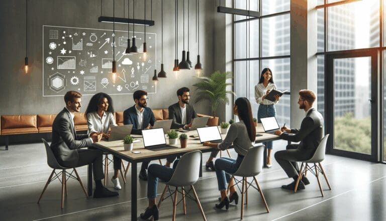 Oficina de trabajo moderna con jóvenes emprendedores alrededor de una mesa de reuniones, laptops abiertas y ambiente de startup.