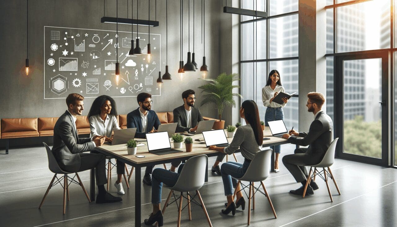 Oficina de trabajo moderna con jóvenes emprendedores alrededor de una mesa de reuniones, laptops abiertas y ambiente de startup.