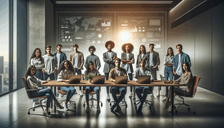 Jóvenes emprendedores reunidos en una sala de conferencias tecnológica, laptops sobre la mesa y pantallas digitales al fondo.