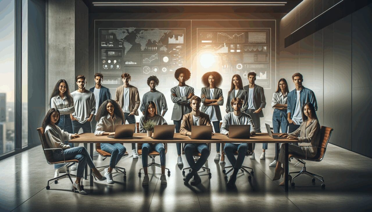 Jóvenes emprendedores reunidos en una sala de conferencias tecnológica, laptops sobre la mesa y pantallas digitales al fondo.