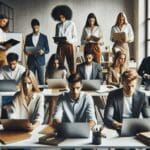 Fotografía editorial de jóvenes emprendedores trabajando en una oficina moderna con pizarras y laptops.