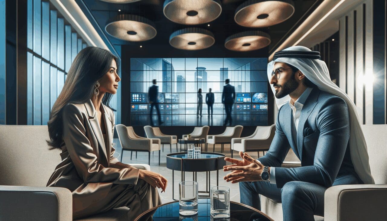 Dos emprendedores conversando frente a pantallas de televisión en un entorno exclusivo y moderno.