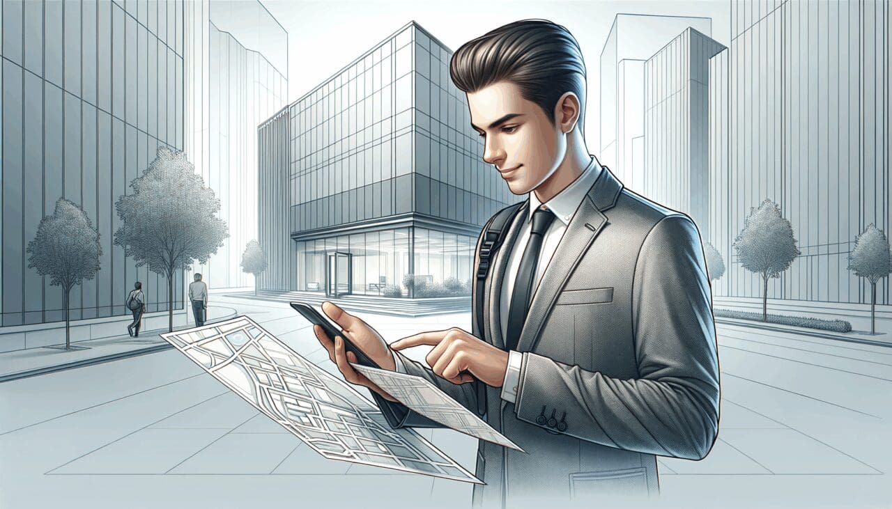 Persona joven con smartphone revisando un mapa digital en un entorno urbano moderno.
