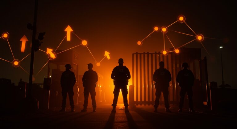 Agentes de ICE y Patrulla Fronteriza recibiendo pago durante el shutdown 2025, con representación visual del impacto en políticas migratorias y comercio.