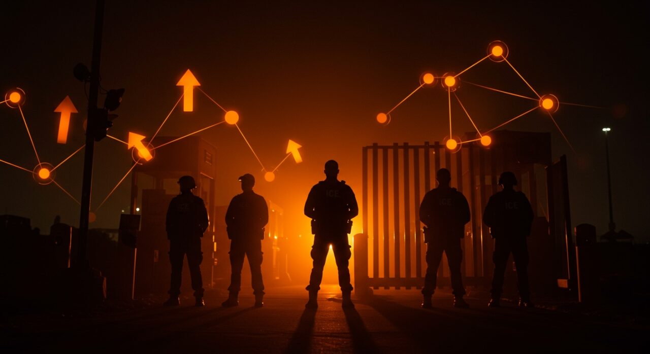 Agentes de ICE y Patrulla Fronteriza recibiendo pago durante el shutdown 2025, con representación visual del impacto en políticas migratorias y comercio.
