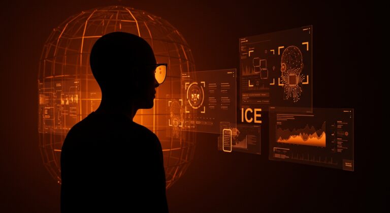 Representación visual del panóptico digital y vigilancia de ICE con tecnología digital impactando la privacidad y derechos civiles.