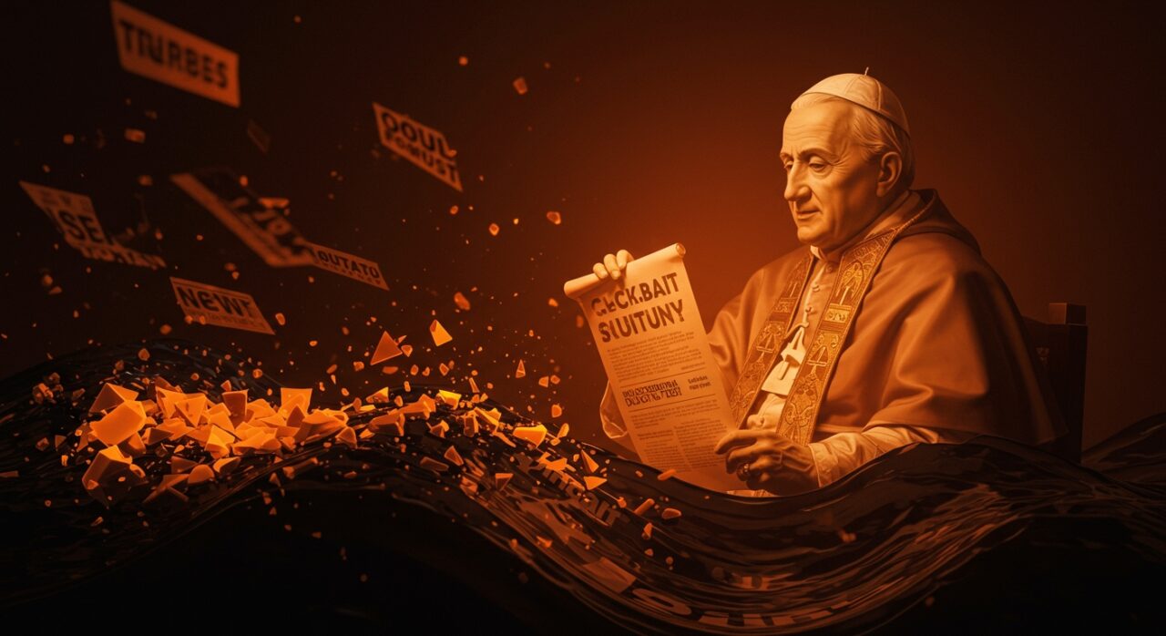 Papa Leo XIV advirtiendo sobre clickbait e inteligencia artificial en el periodismo digital con enfoque en ética mediática.