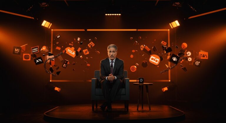 Jon Stewart en estudio de comedia política, reflejando incertidumbre en medios y censura en Estados Unidos.