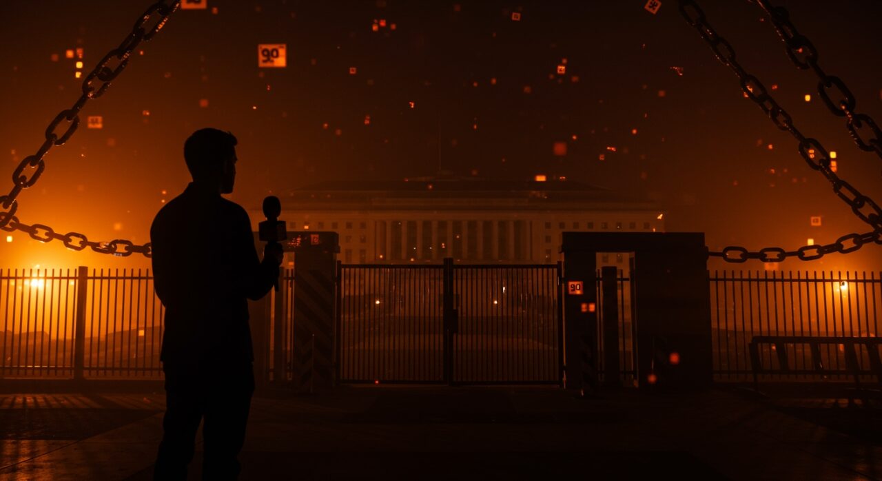 Periodista frente al Pentágono con restricciones de acceso, simbolizando la censura y regulación de medios en libertad de prensa.