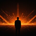 Peter Thiel contemplando un horizonte digital con metáforas visuales de inteligencia artificial, ética tecnológica e innovación en startups.