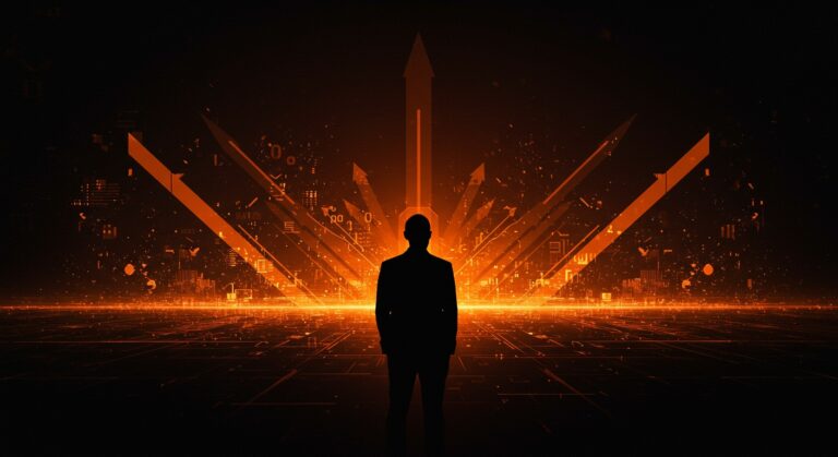 Peter Thiel contemplando un horizonte digital con metáforas visuales de inteligencia artificial, ética tecnológica e innovación en startups.