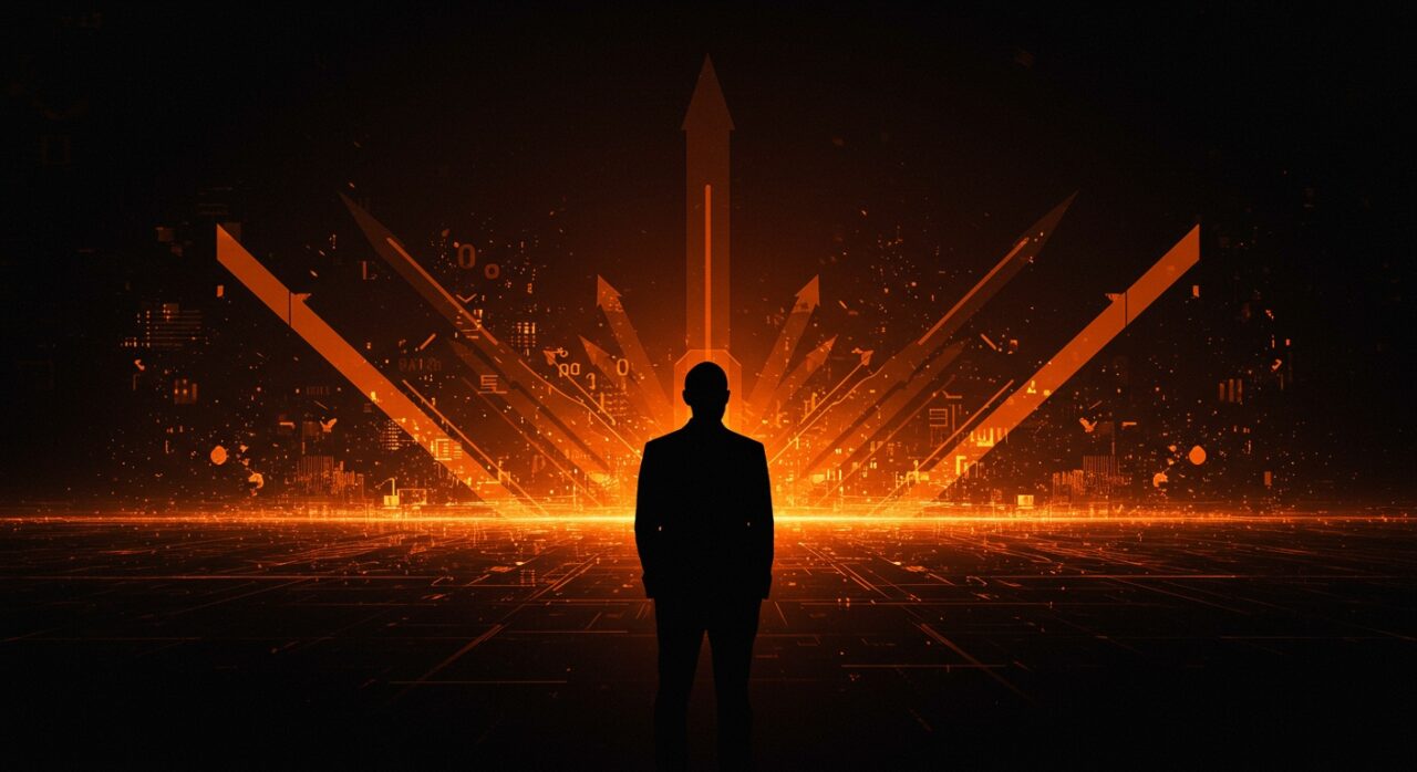 Peter Thiel contemplando un horizonte digital con metáforas visuales de inteligencia artificial, ética tecnológica e innovación en startups.