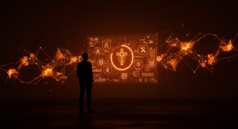 Peter Thiel contemplando la intersección entre tecnología y profecía en Silicon Valley con símbolos visuales de innovación y espiritualidad.