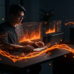 Founder tech utilizando tablas dinámicas con Rill MCP server para BI conversacional y crecimiento SaaS en un entorno futurista.