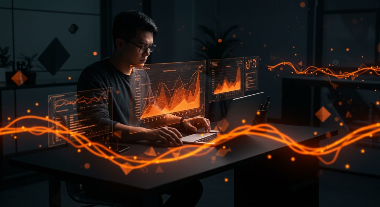 Founder tech utilizando tablas dinámicas con Rill MCP server para BI conversacional y crecimiento SaaS en un entorno futurista.