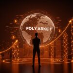 Shayne Coplan y Polymarket representados con elementos de blockchain y financiación en una escena editorial dinámica en tonos naranja y negro.