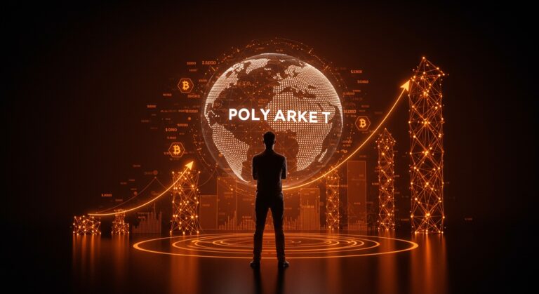 Shayne Coplan y Polymarket representados con elementos de blockchain y financiación en una escena editorial dinámica en tonos naranja y negro.