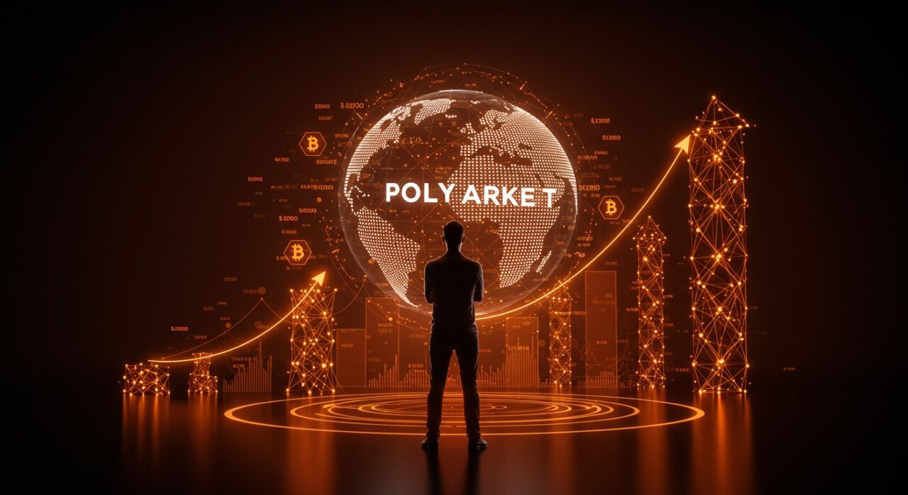 Shayne Coplan y Polymarket representados con elementos de blockchain y financiación en una escena editorial dinámica en tonos naranja y negro.